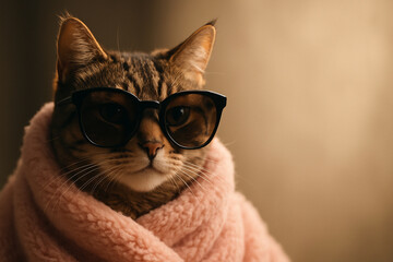 Stylish cat wearing glasses and pink fluffy robe