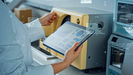 Researcher studying while looking at a tablet and statistical data concept