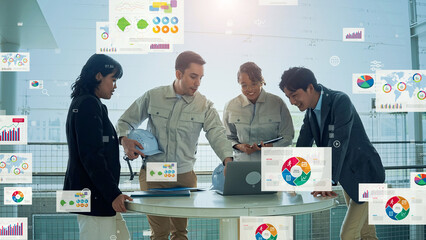 オフィスで会議する多国籍の人々と統計データのコンセプト