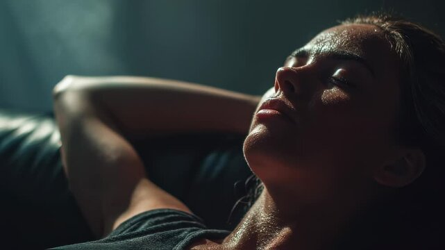 Female athlete resting after intense workout, lying on bench with deep breathing, experiencing moment of recovery and physical relief in dimly lit sports environment