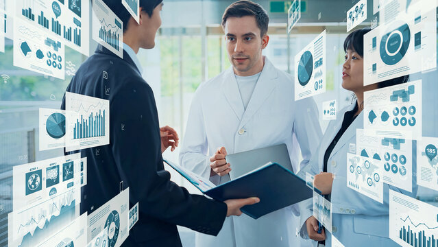 Multinational people talking in lobby and statistical data concept