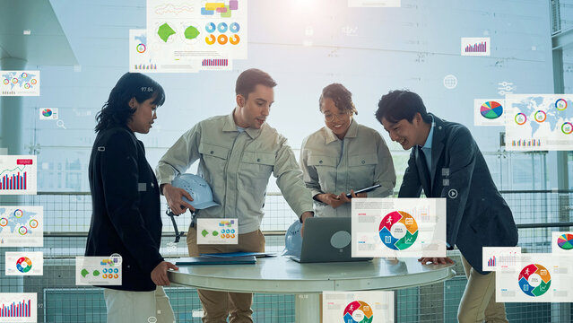 オフィスで会議する多国籍の人々と統計データのコンセプト