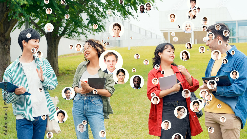 Poster smiling multinational people and global network concept