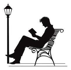Hand-Drawn Silhouette of a Person Reading on a Bench Under a Lamp Post