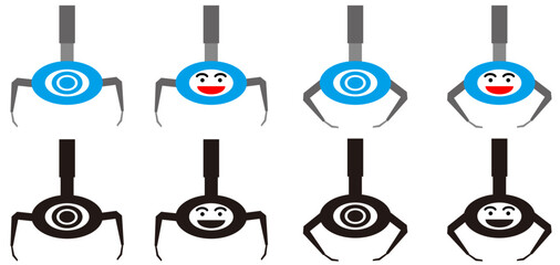 ゲームセンター、アミューズメント施設等にあるクレーンゲーム機のクレーンメカをデザインしたカラーと白黒のキャラクターもあるイラスト