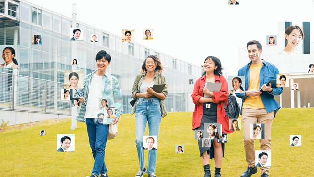 Smiling multinational people and global network concept