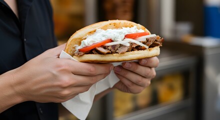 Savory gyro sandwich: A delectable gyro sandwich, freshly prepared with seasoned meat, vibrant tomatoes, and creamy sauce, held by a skilled hand, presenting a culinary delight.