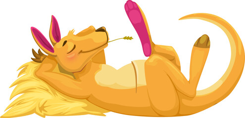 Cartoon funny lying on hay kangaroo animal character. Australian kangaroo comical personage dreaming and relaxing on hay, holding wheat straw in mouth. Sleeping and napping animal vector character © Vector Tradition
