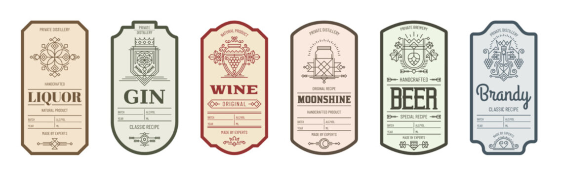 Alcohol label templates with vector line geometric pattern. Alcohol drink bottle labels set for wine, beer, gin and brandy, liquor and moonshine beverages with outline grapes and flowers ornaments