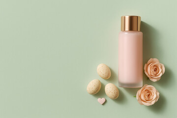 Elegant cosmetic bottle with roses and decorative elements on pastel background