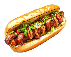 Delicious hot dog feast street food market food urban setting close-up shot cut out on transparent background