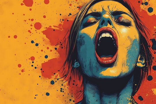 Woman screaming, vibrant colors, abstract background