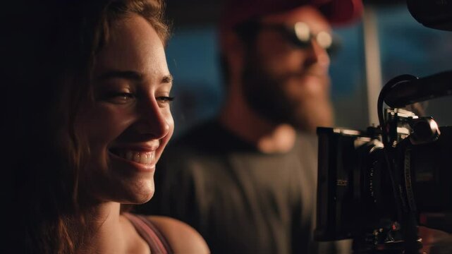 Professional videographer capturing joyful actress performing during dynamic movie set scene, showcasing collaborative filmmaking energy and creative on set atmosphere