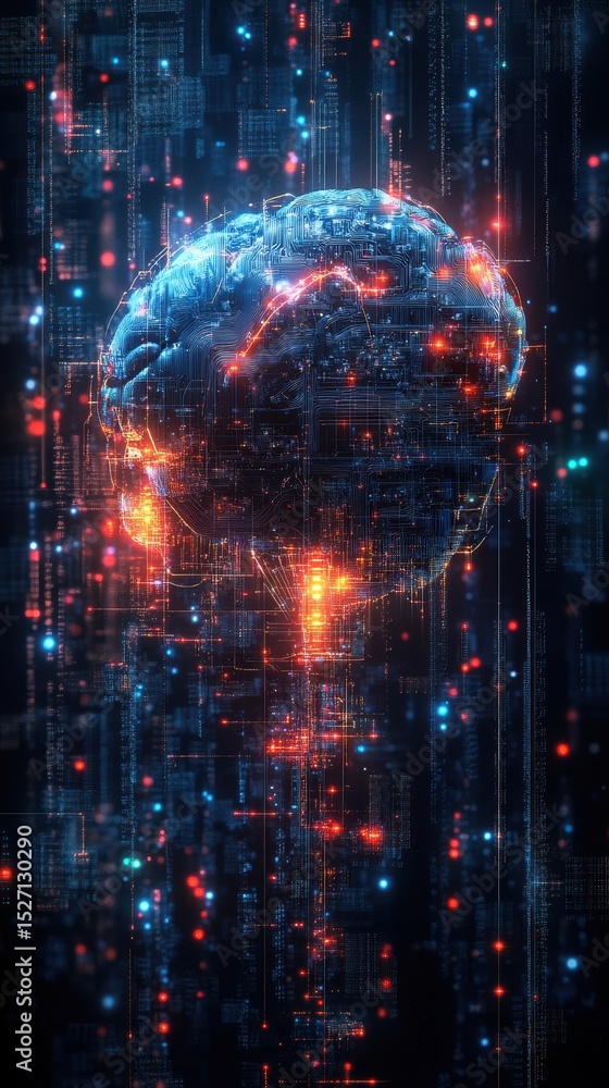 Poster a digital brain surrounded by glowing lights and intricate circuit board patterns in dark background