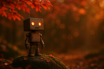 Retro robot with glowing eyes standing in autumn forest