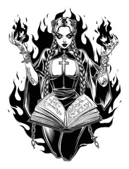 Dark Fantasy Illustration of Gothic Sorceress with Magic Flames