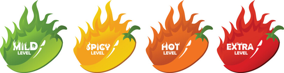Spicy chili pepper level indicator. Spicy food level labels mild, medium or hot sauce. Hot pepper scale with fire. Vector illustration.