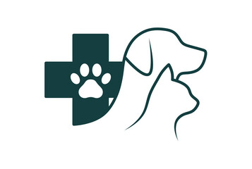 Minimalistic logo for veterinary services, with dog and cat outlines, medical cross and paw print. Suitable for veterinary clinics, pet medicine label designs, pet care services. Dog and cat treatment