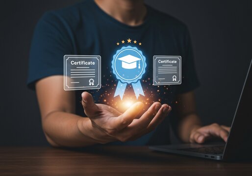 Man holding digital certificate icon with graduation cap, symbolizing online learning achievement. Concept of e-learning, remote education, and professional certification system. - Powered by Adobe