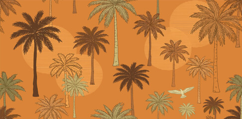 Fototapeta premium red, tropical, sunset, summer, palm, tree, pattern, nature, vector, beach, background, ocean, landscape, silhouette, island, vacation, plant, fashion, floral, paradise, tropics, art, jungle, illustrat