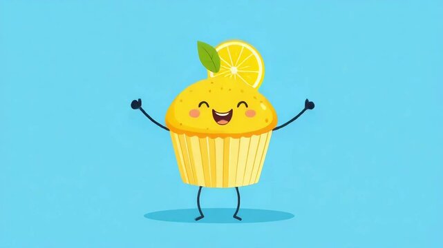 Happy Dancing Lemon Muffin Character Dancing on a Blue Background. Seamless Loop