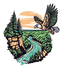 Majestic Eagle Soaring Over Scenic Forested Canyon with Sunset Background
