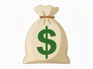 A simple, flat-style illustration of a money bag with a green dollar sign, symbolizing wealth, savings, and finance on white.