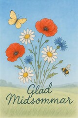 Naive style greeting card with Swedish wildflowers and the text “Glad Midsommar” for midsummer celebration