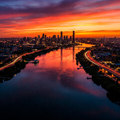 Fototapeta premium Cityscape at Sunset with River Reflection