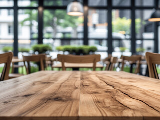 A wooden table foreground with a blurred background of a modern restaurant interior, featuring large windows and warm lighting.