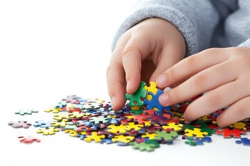 Close-Up Hands Solving Puzzle on White Background