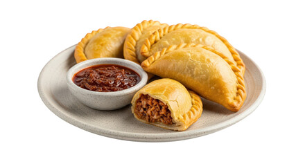 Delicious empanadas with savory meat filling and dipping sauce on a plate, perfect for lunch or dinner on transparent background