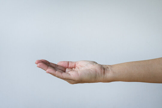 Woman hand, empty open with palm faced upwards. Receive gesture. Isolated on white background.