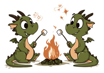 Fototapeta premium Cute Cartoon Dragons Enjoying Marshmallows by Campfire Illustration