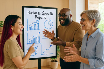 Diverse multiethnic business team discussing Business Growth Report data with graphs showing positive results on whiteboard