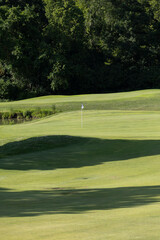 Golf course with hole and flag in forest