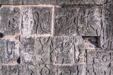 Chichen Itza, Mexico, 2019. Temple of the Bearded Man, a temple with murals reliefs of men with beards, near the ball court used in other spectator sports such as wrestling as well as feasts.