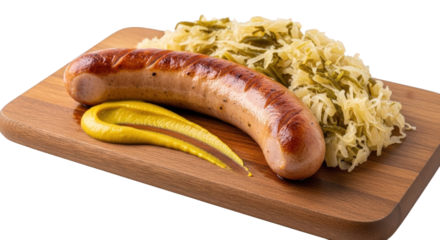 Delicious sausage with sauerkraut and mustard on a wooden board ready to eat and enjoy meal time on transparent background