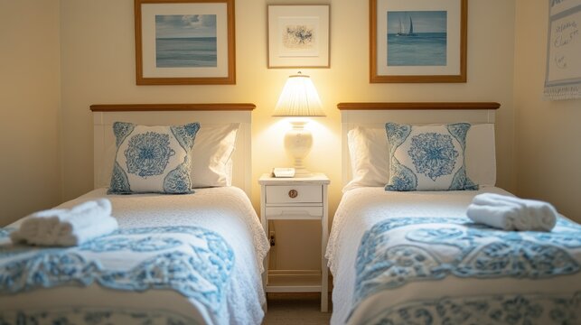 Guest bedroom interior with twin beds, matching nightstands, soft lighting, and welcoming details in a compact layout