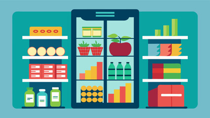 A visual of a refrigerator with each shelf labeled with the different categories of food and the total cost of filling up the fridge shown above with a noticeable increase from the. Vector