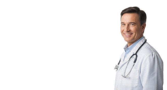 Portrait of smiling doctor in lab coat with stethoscope for healthcare and medical concept use on transparent background