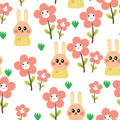 Seamless pattern cartoon bunny, pink flower, leaves, and spring vibes element. cute wallpaper for holiday. design for fabric, flat design, gift wrap paper 