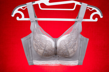 light grey bra hanging on red background