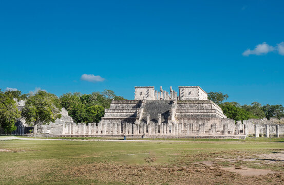 Chichen Itza, Mexico, 2019. The Great Temple of the Warriors, a spectacular structure with spacious patios and halls. Built by Toltec conquerors in in 950 AD. 