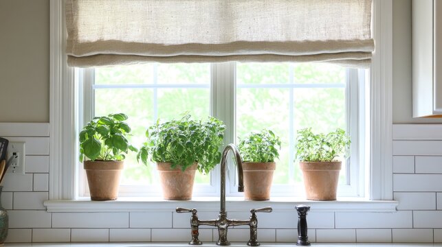 Kitchen window with linen valance, vintage faucet, potted herbs on sill, and white subway tile backsplash catching daylight