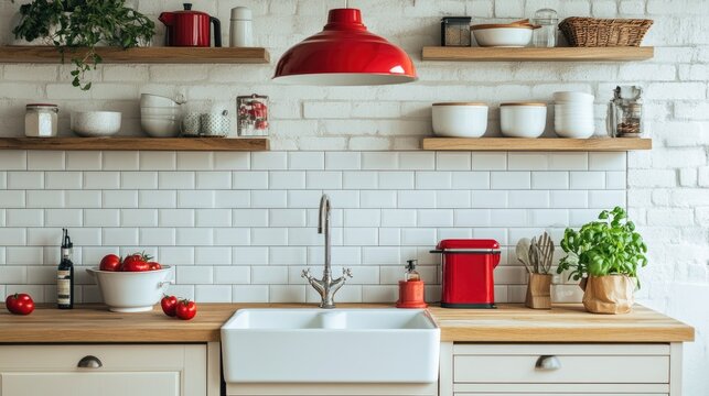 Kitchen with open wood shelving, ceramic farmhouse sink, subway tile backsplash, and antique kitchenware adding vintage charm