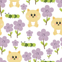 Seamless pattern cartoon cat, flower, leaves, caterpillar and spring vibes element. cute wallpaper for holiday. design for fabric, flat design, gift wrap paper 