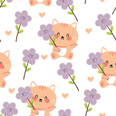 Seamless pattern cartoon cat hold purple flower and spring vibes element. cute animal pattern for wallpaper, background and gift wrap paper