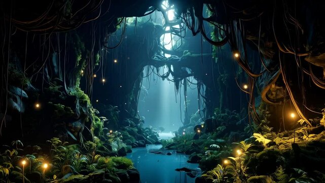 Mysterious river flowing through a lush cave opening, illuminated by ethereal glowing orbs and vines hanging from the cavern roof.