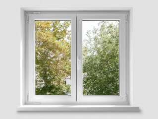 Fototapeta premium White pvc window showing colorful autumn trees